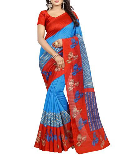 blue art silk printed saree with blouse - 15033735 - Very Small Image - 1