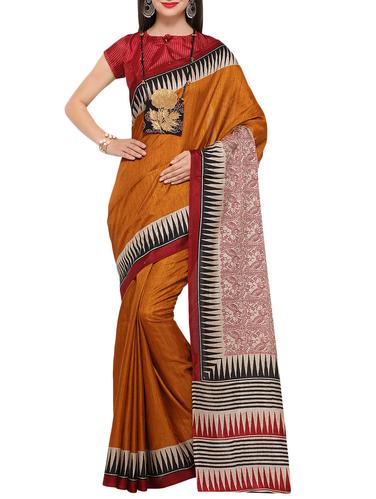 mustard jute silk printed saree with blouse - 15033758 - Very Small Image - 1