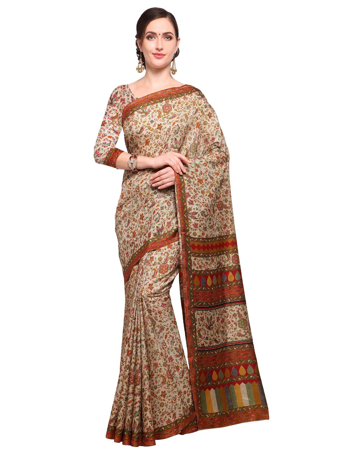 brown khadi printed saree with blouse - 15033763 - Zoom Image - 1