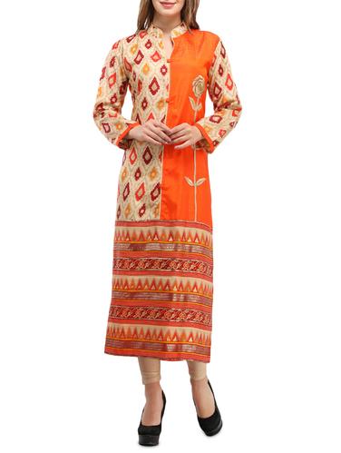 orange chanderi straight kurta - 15033765 - Very Small Image - 1