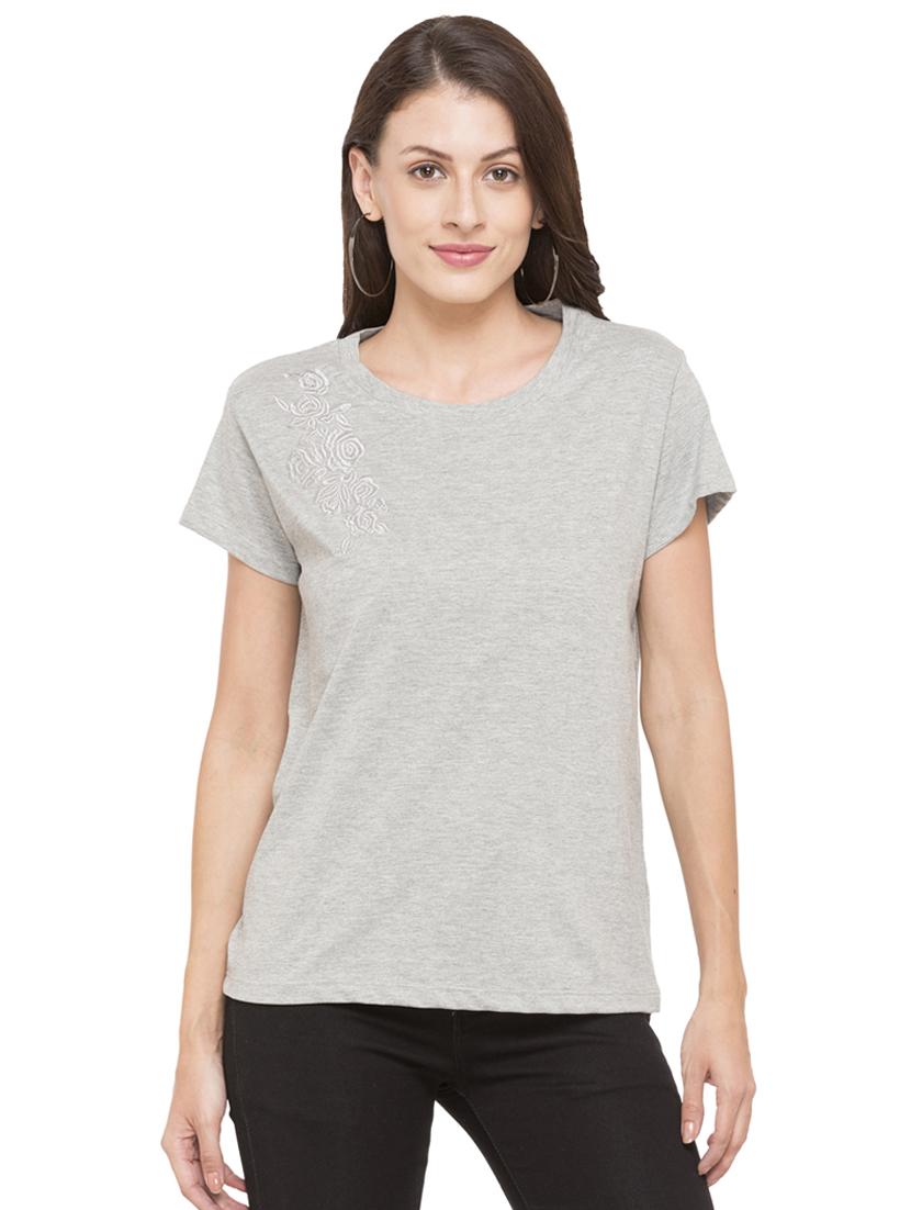 grey cotton solid tee - 15034156 - Zoom Image - 1