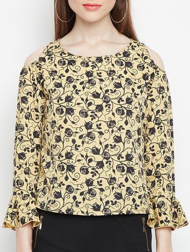 beige printed cold shoulder top - 15034191 - Very Small Image - 1