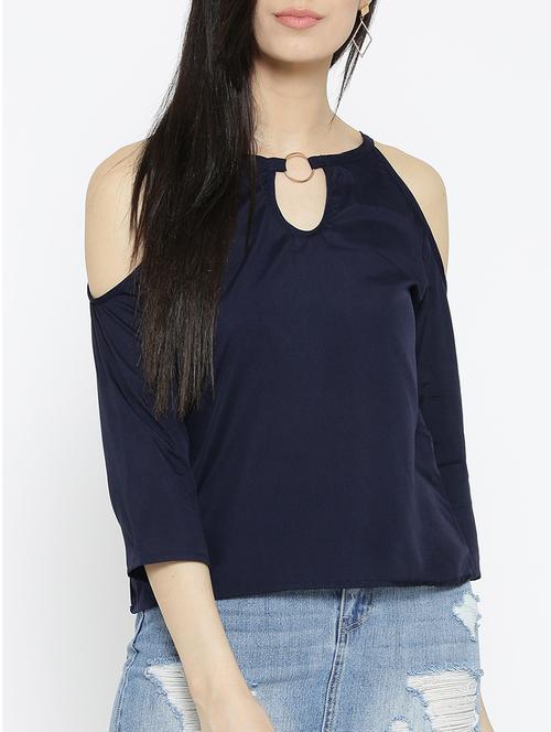 navy blue solid cold shoulder top - 15034258 - Standard Image - 1