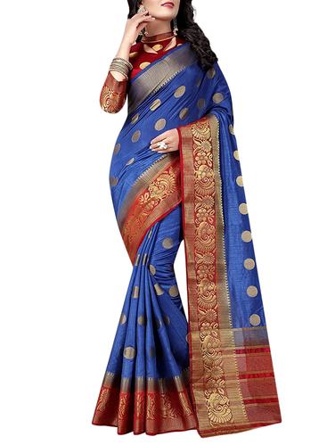 blue cotton silk banarasi saree with blouse - 15034298 - Very Small Image - 1