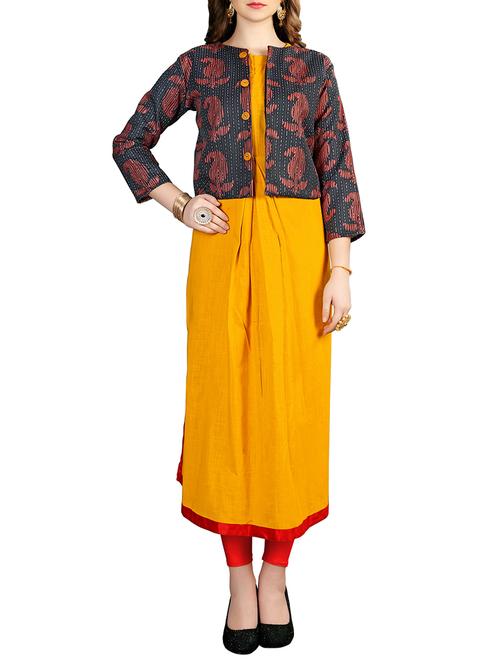 yellow cotton layered kurta - 15034469 - Very Small Image - 1