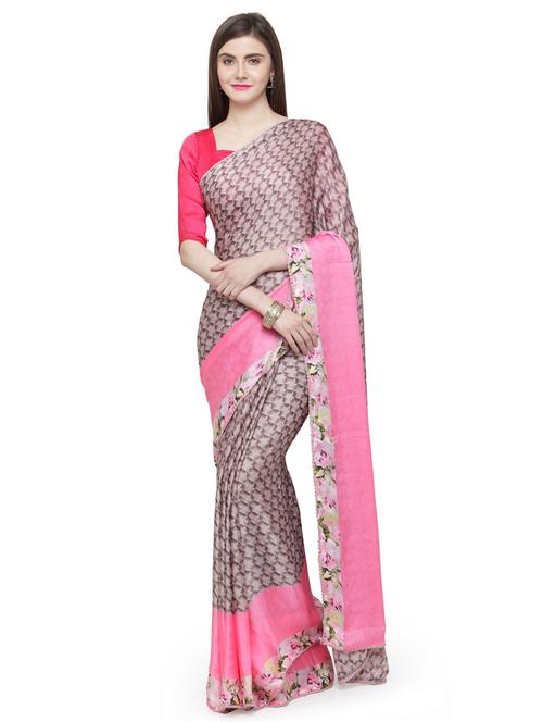 brown cotton printed saree with blouse - 15035762 - Standard Image - 1