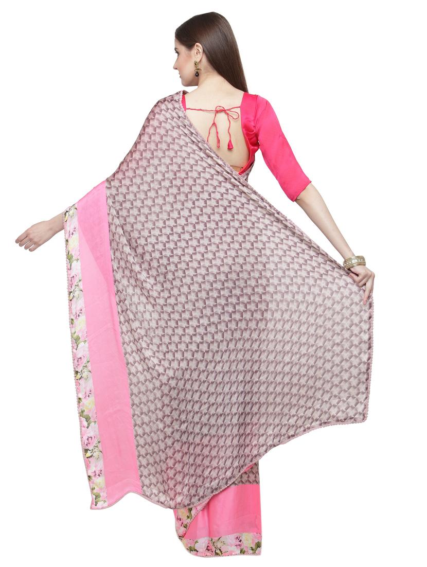 brown cotton printed saree with blouse - 15035762 - Zoom Image - 2