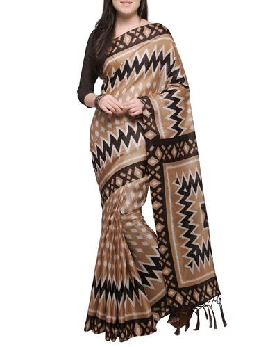 brown silk blend printed saree with blouse - 15035853 - Very Small Image - 1