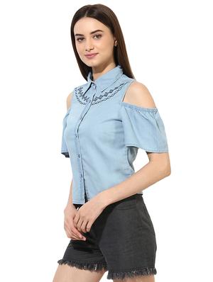 light blue denim cold shoulder shirt - 15036111 - Standard Image - 2