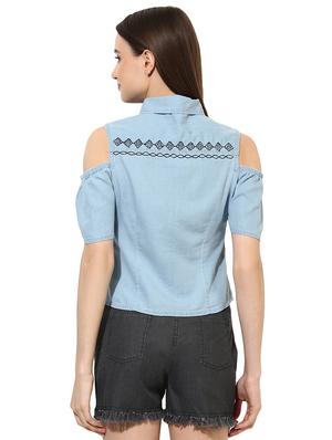 light blue denim cold shoulder shirt - 15036111 - Standard Image - 3