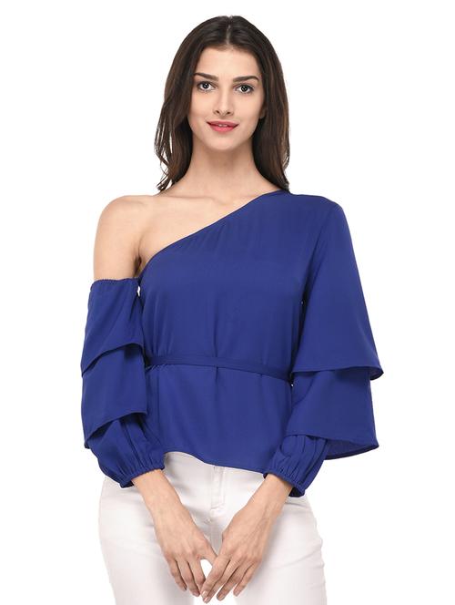 blue solid single shoulder top - 15037163 - Standard Image - 1