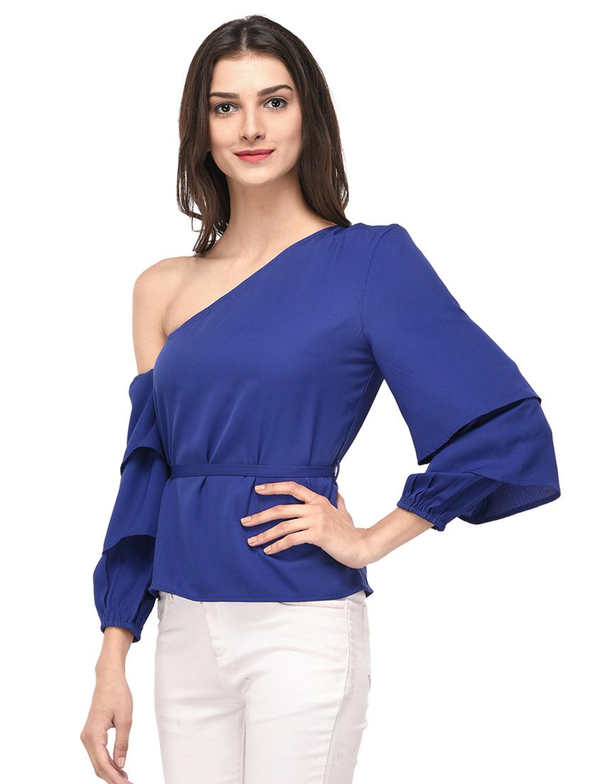 blue solid single shoulder top - 15037163 - Zoom Image - 2