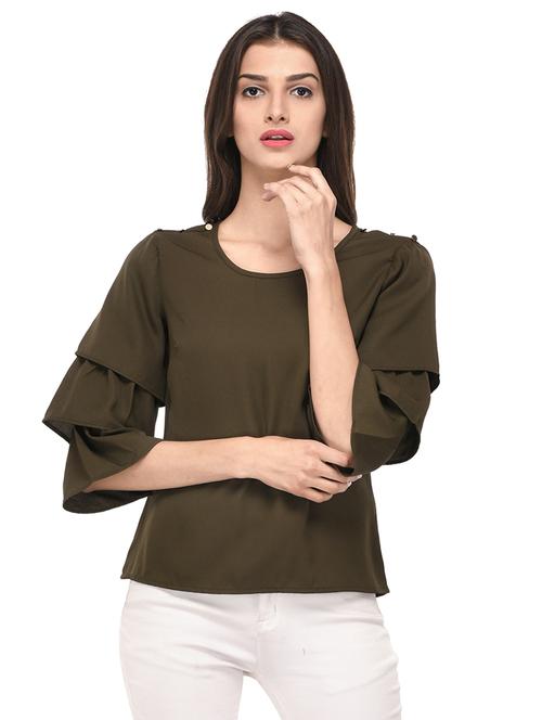 green solid bell sleeved top - 15037174 - Standard Image - 1