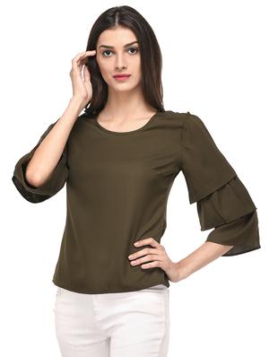 green solid bell sleeved top - 15037174 - Standard Image - 3