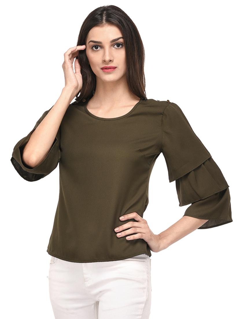 green solid bell sleeved top - 15037174 - Zoom Image - 3