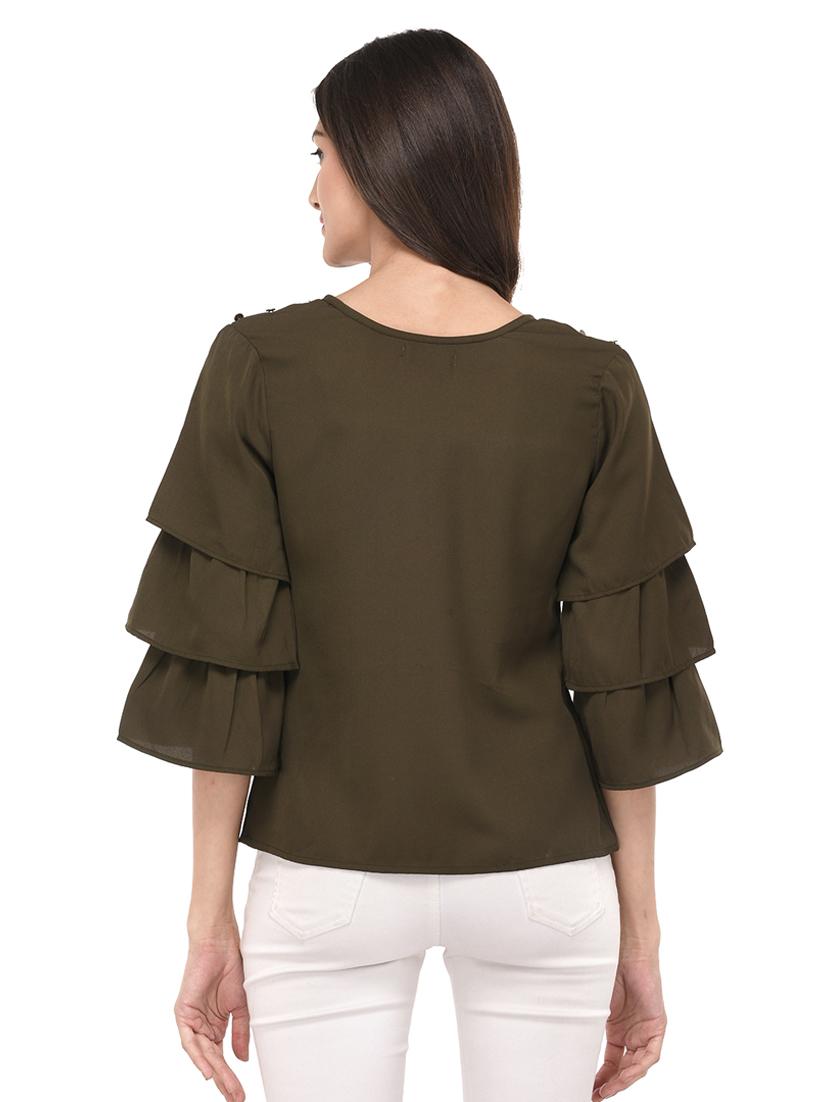 green solid bell sleeved top - 15037174 - Zoom Image - 4