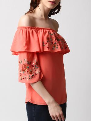 embroidered overlay off shoulder top - 15037192 - Standard Image - 2