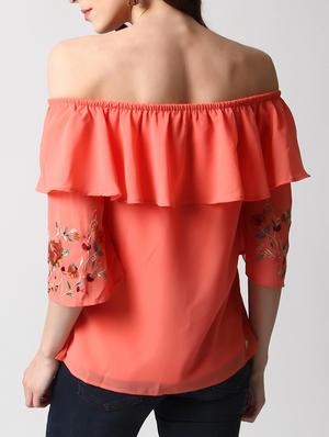 embroidered overlay off shoulder top - 15037192 - Standard Image - 3
