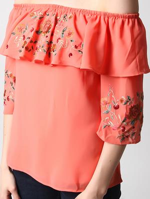 embroidered overlay off shoulder top - 15037192 - Standard Image - 4