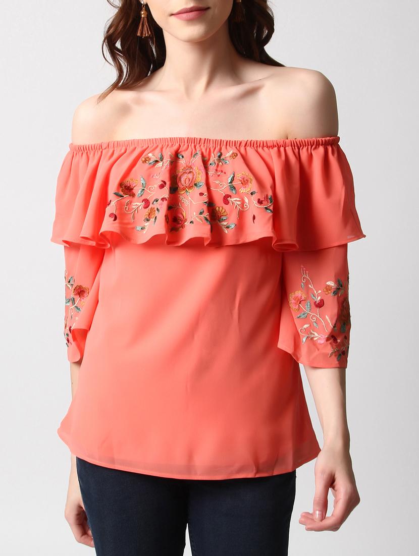 embroidered overlay off shoulder top - 15037192 - Zoom Image - 1