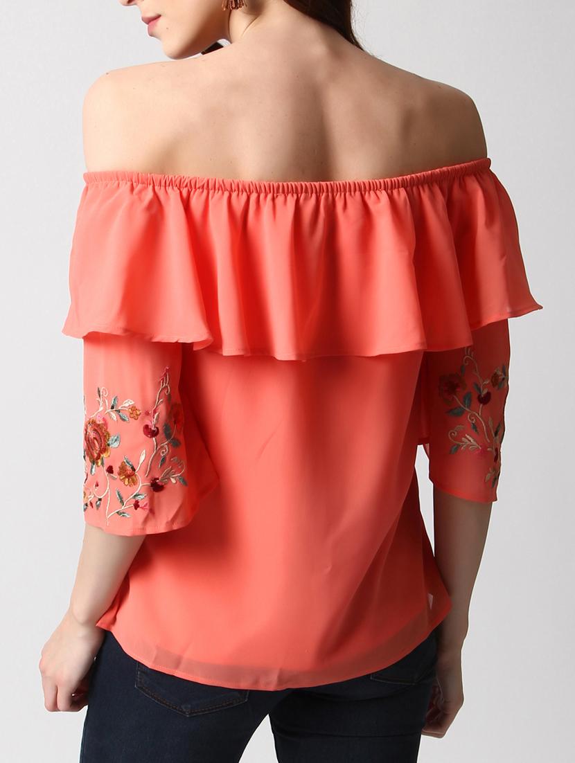 embroidered overlay off shoulder top - 15037192 - Zoom Image - 3