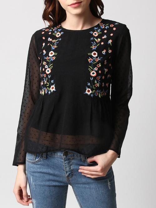 black solid embroidered top - 15037195 - Standard Image - 1