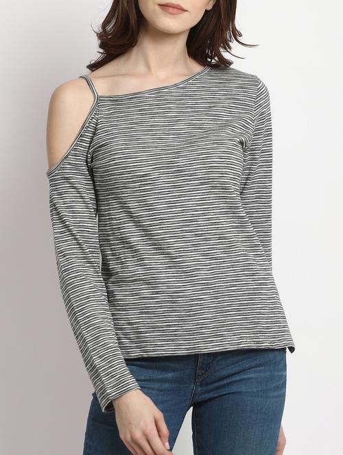 single cold shoulder striped top - 15038426 - Standard Image - 1