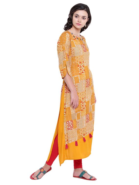 yellow rayon straight kurta - 15040156 - Zoom Image - 2