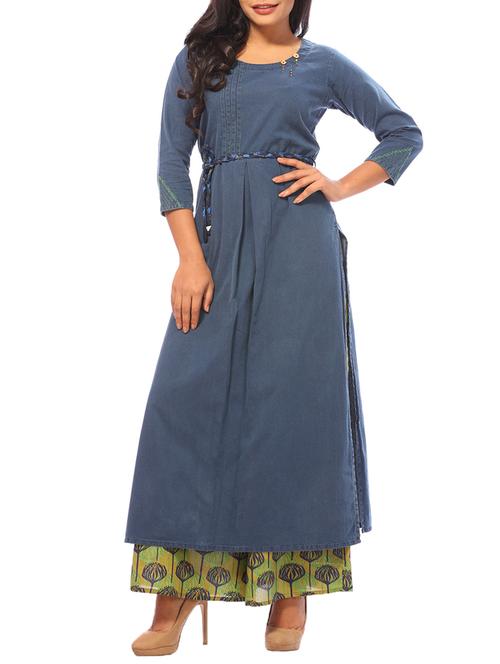 blue denim kurta palazzo set - 15042297 - Standard Image - 1