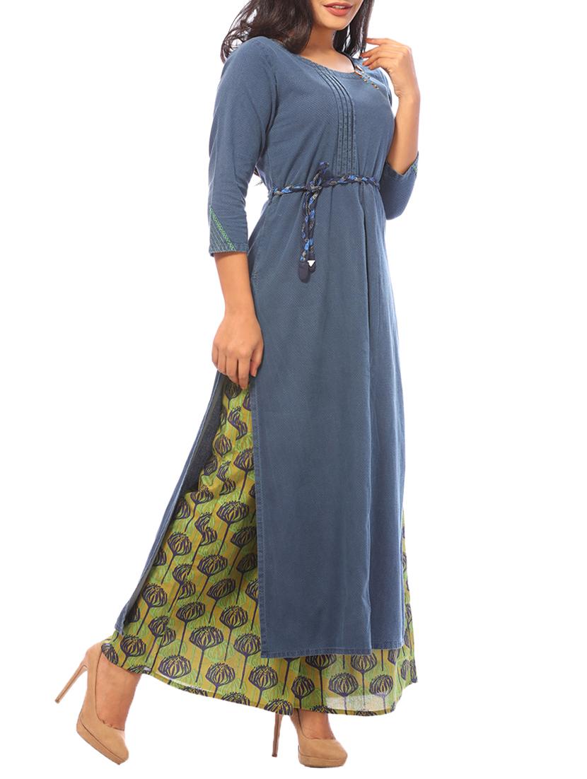 blue denim kurta palazzo set - 15042297 - Zoom Image - 2