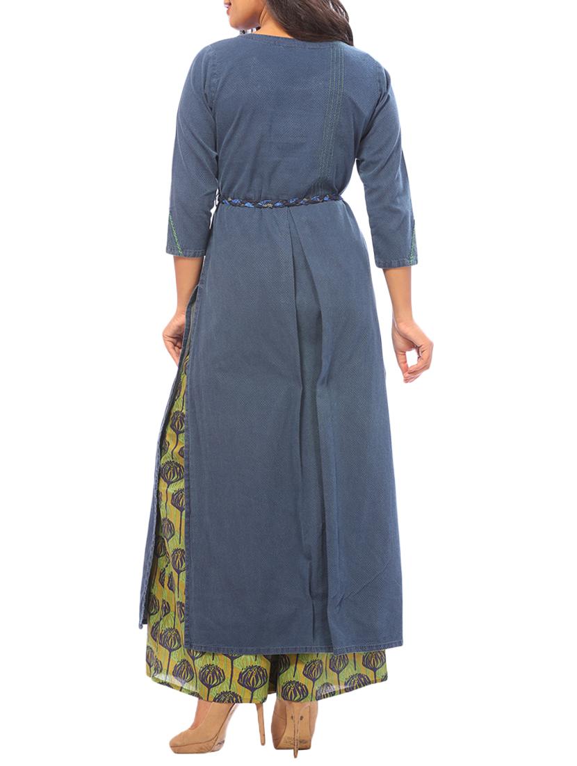 blue denim kurta palazzo set - 15042297 - Zoom Image - 3