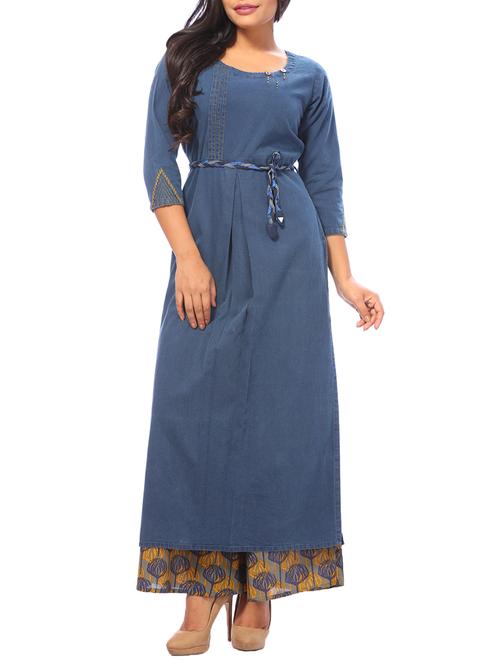 blue denim kurta palazzo set - 15042298 - Standard Image - 1