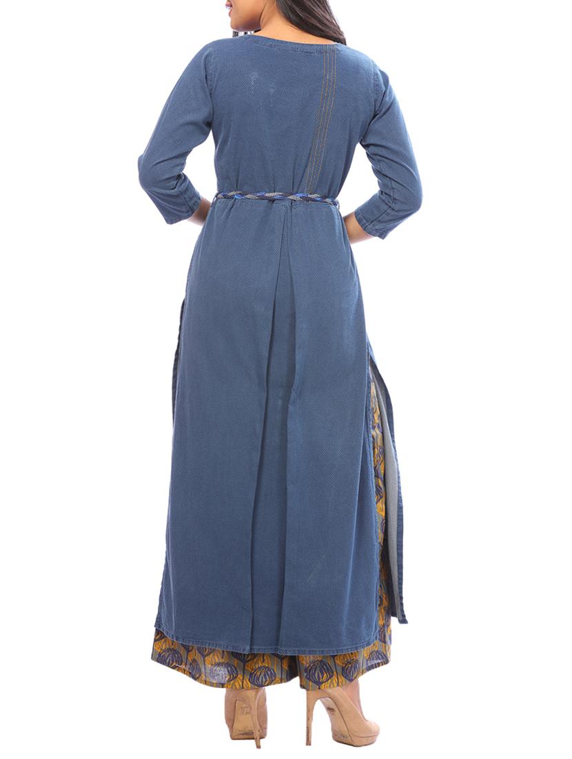 blue denim kurta palazzo set - 15042298 - Zoom Image - 3