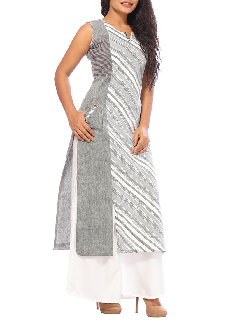 grey cotton straight kurta - 15042299 - Zoom Image - 2