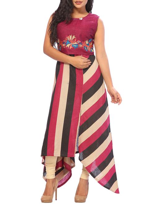 magenta cotton asymmetric kurta - 15042324 - Standard Image - 1