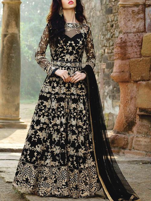black embroidered semi-stitched anarkali suits - 15046037 - Standard Image - 1