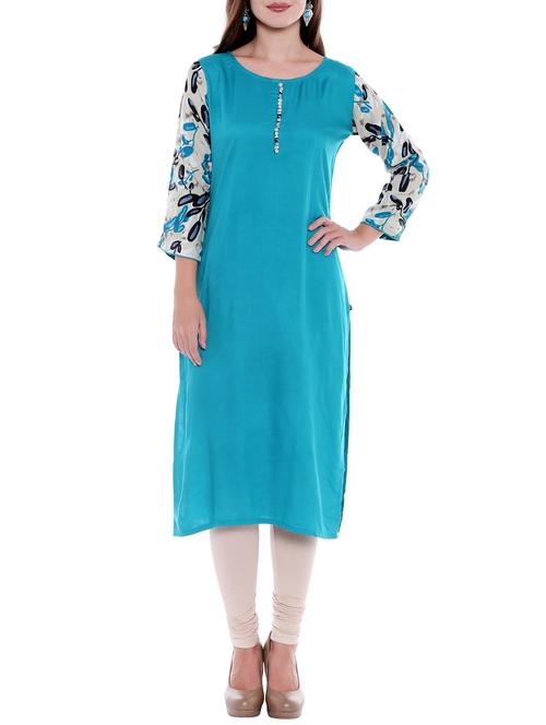 sky blue straight printed sleeves kurta - 15047093 - Standard Image - 1