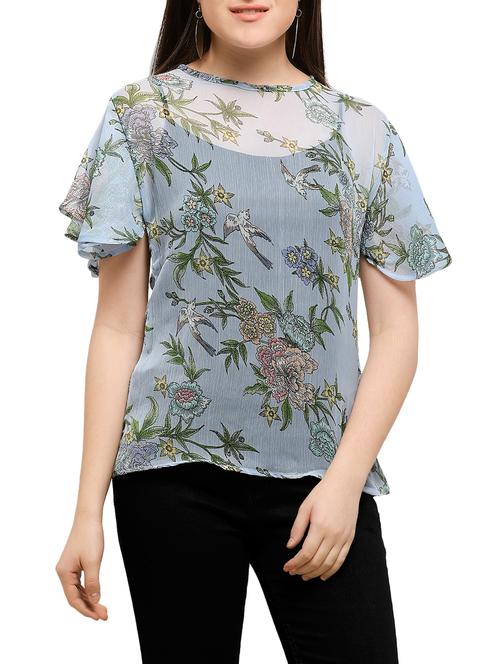 botanical print ruffle sleeved top - 15047855 - Standard Image - 1
