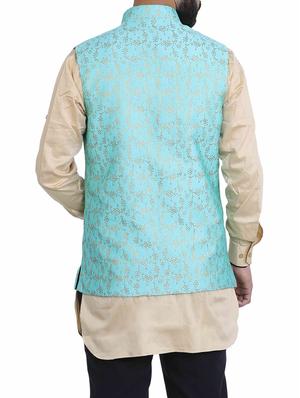 blue silk nehru jacket - 15048788 - Standard Image - 3