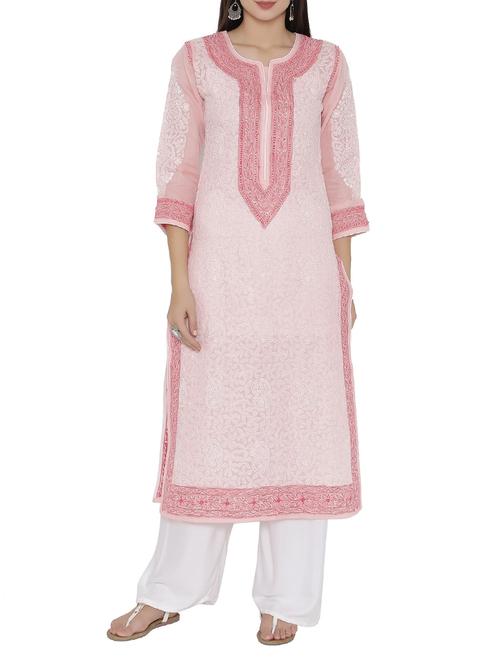 ada peach cotton straight chikankari kurta - 15049251 - Standard Image - 1