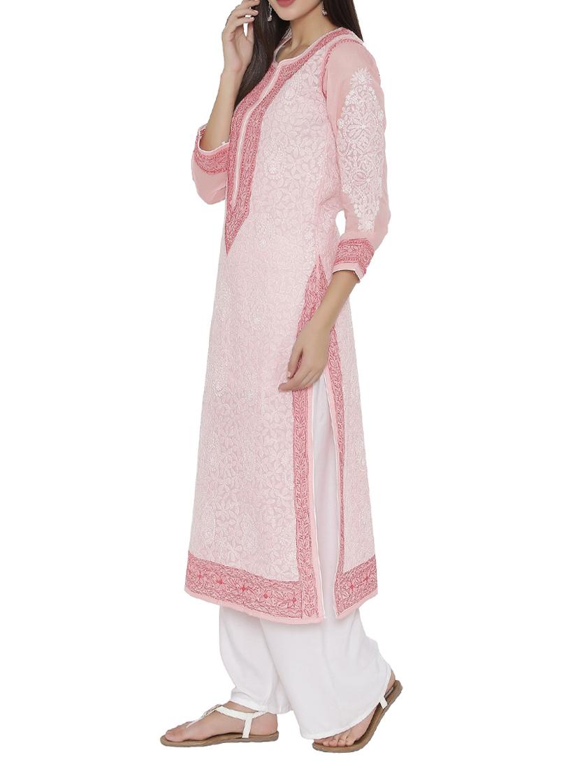 ada peach cotton straight chikankari kurta - 15049251 - Zoom Image - 2