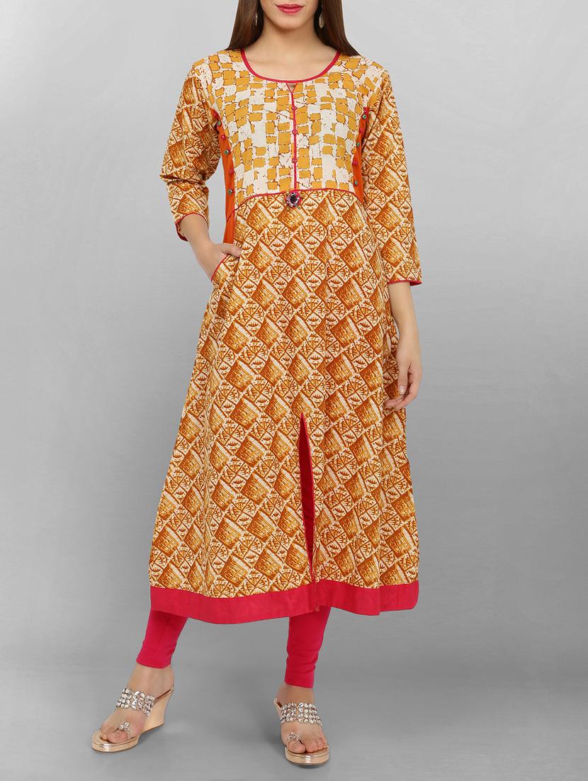 mustard cotton aline kurta - 15049794 - Zoom Image - 1