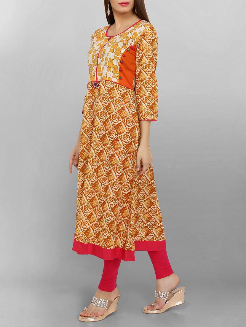 mustard cotton aline kurta - 15049794 - Zoom Image - 2