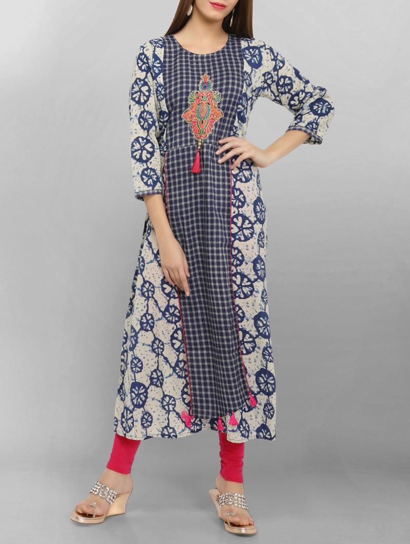 blue cotton aline kurta - 15049795 - Zoom Image - 1