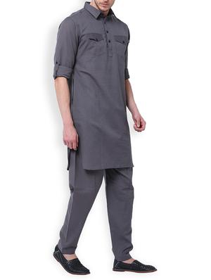 grey linen pathani set - 15052174 - Standard Image - 2