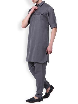 grey linen pathani set - 15052174 - Standard Image - 3