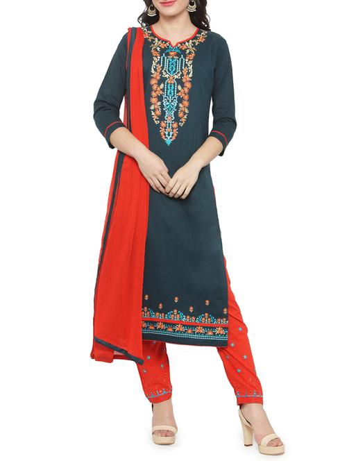 blue cotton straight pant suits unstitched suit - 15052687 - Standard Image - 1