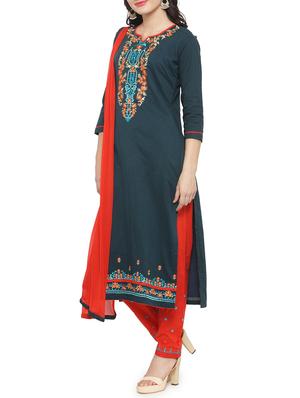 blue cotton straight pant suits unstitched suit - 15052687 - Standard Image - 2