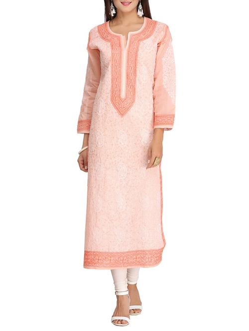 peach cotton straight kurta - 15053771 - Standard Image - 1