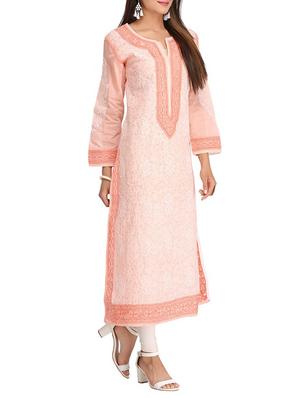 peach cotton straight kurta - 15053771 - Standard Image - 2